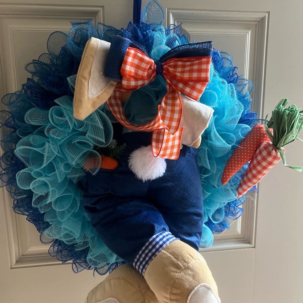 Blue and Orange Bunny Easter Spring 19 inch Front Door Wreath Decor